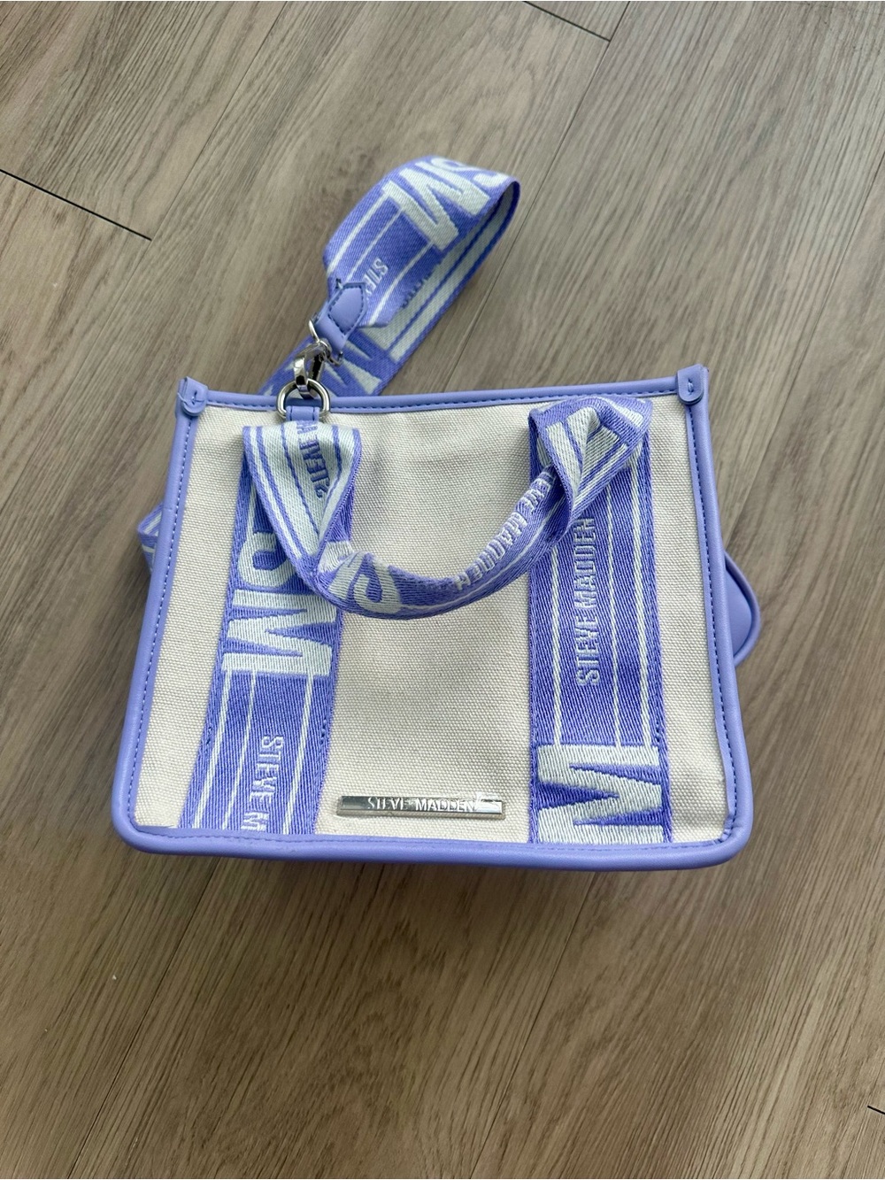 Steve Madden Cream Canvas Tote with Lavender Trim and Straps